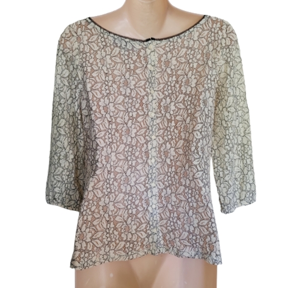 Ann Taylor LOFT Beige Black Lace See-Through Blouse Top Size Women Small Petite - Picture 5 of 13